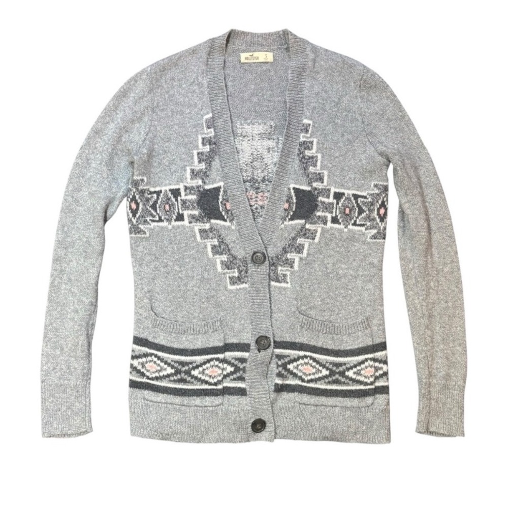 Hollister Men's S Gray Southwestern Geometric Print Grandpa‎ Cardigan Sweater